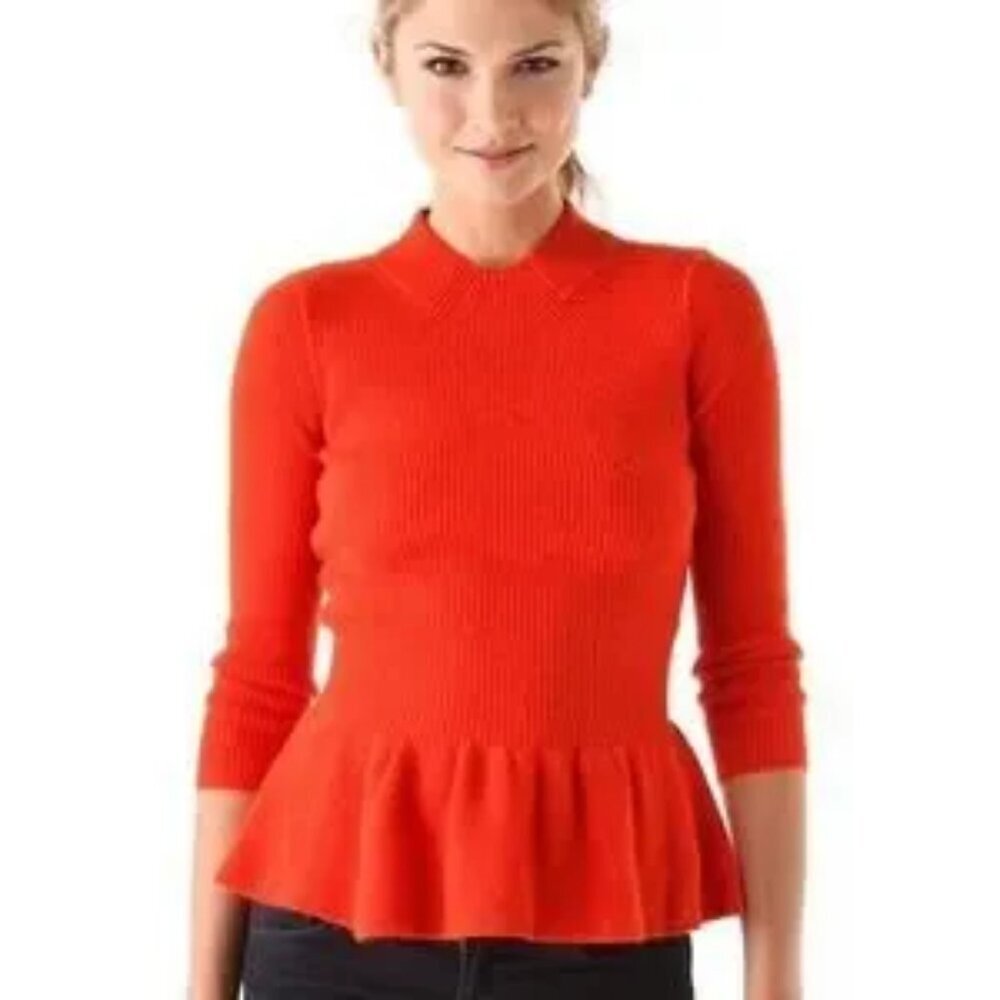 Tory Burch Bright Red Ribbed Peplum Crew Neck Sweater
